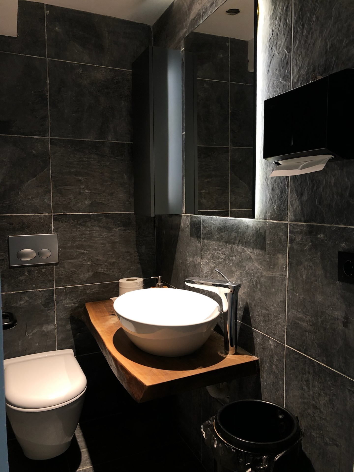 Charcoal slate cubicle with live-edge slab counter, wall-hung WC and backlit mirror.