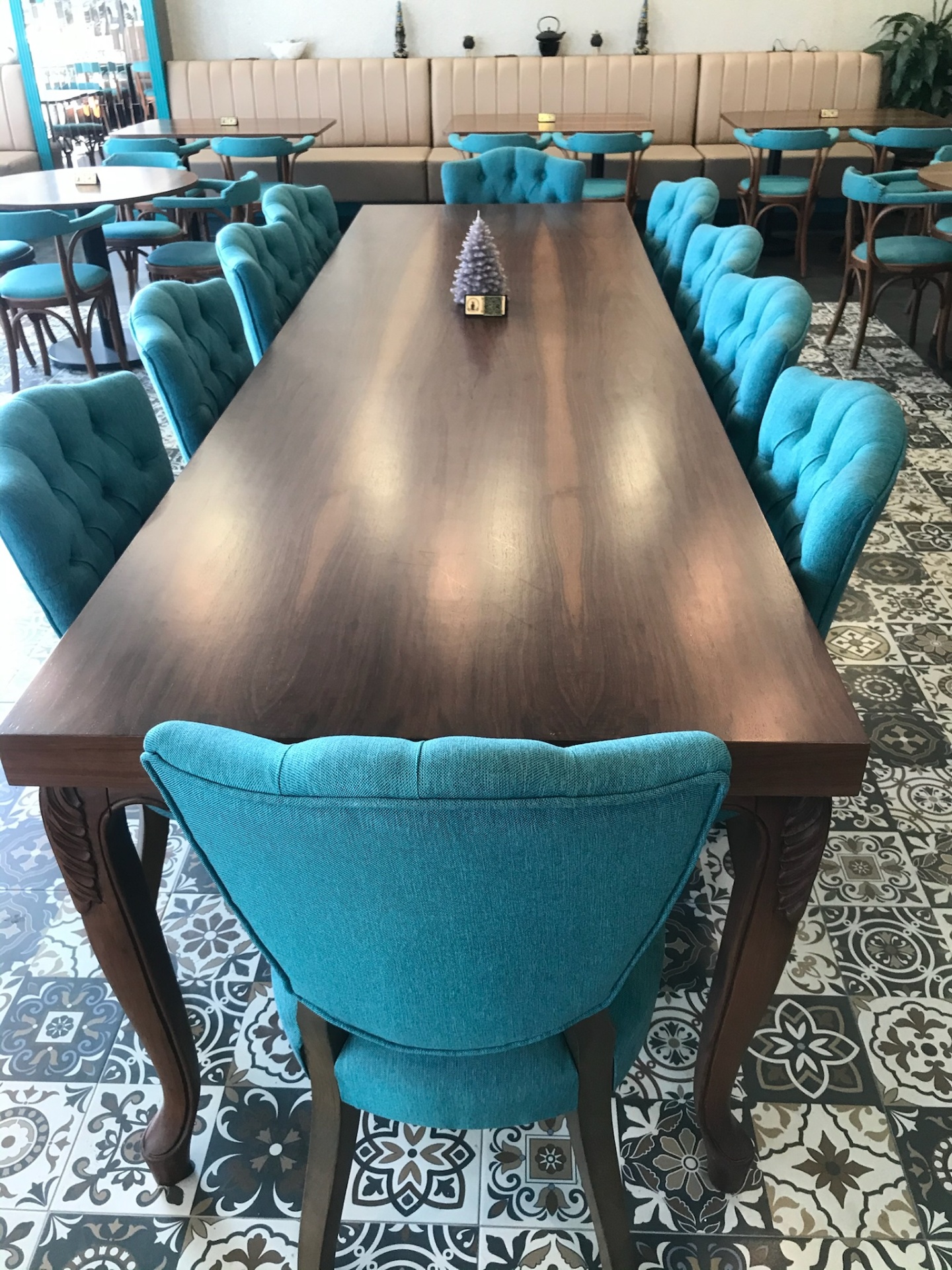 Solid walnut restaurant table with carved cabriole legs