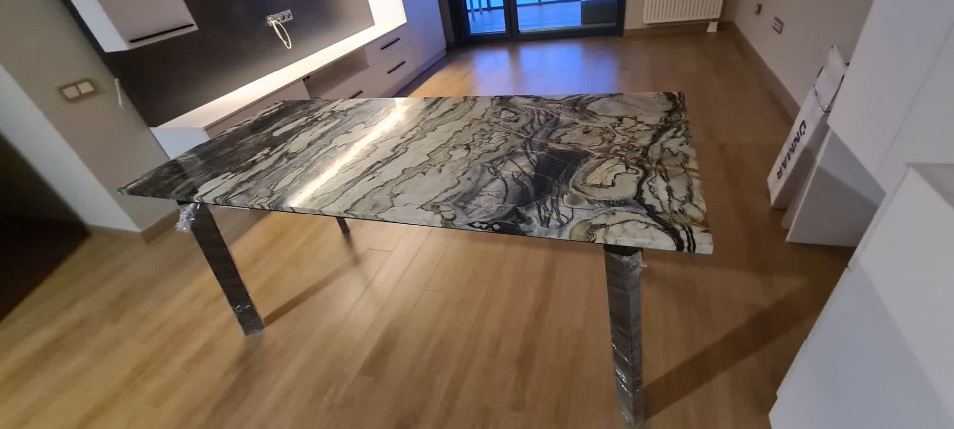 Statement marble slab table — close-up of veining