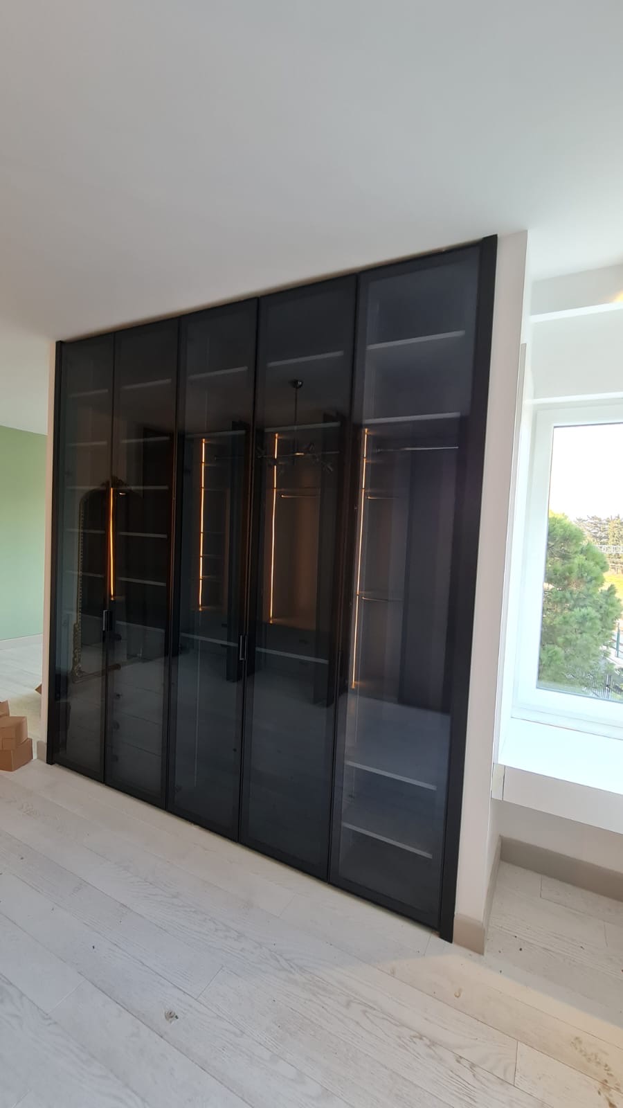 Smoked glass wardrobe elevation with backlit interior