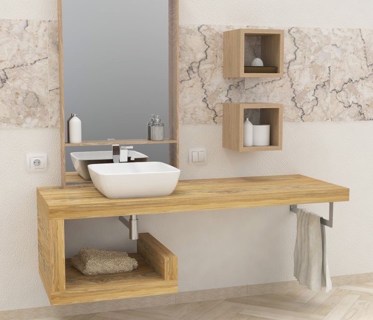 Reclaimed timber vanity with cubby storage and travertine surround